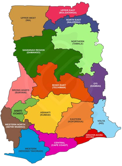 Karte von Ghana, mit 16 Regionen Ghanas